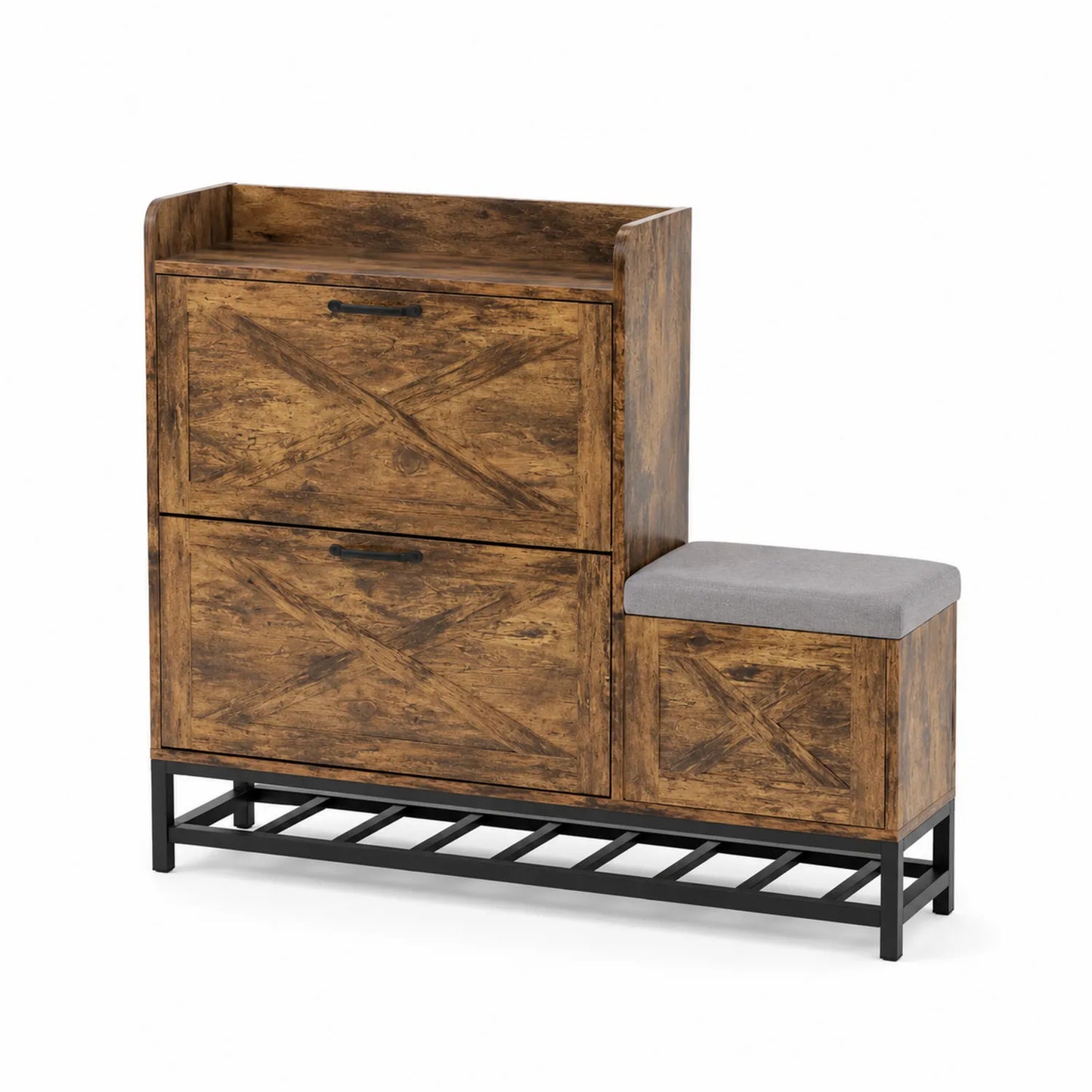 Holz Schuhschrank mit Sitzbank und Metallgestell, Braun und Grau