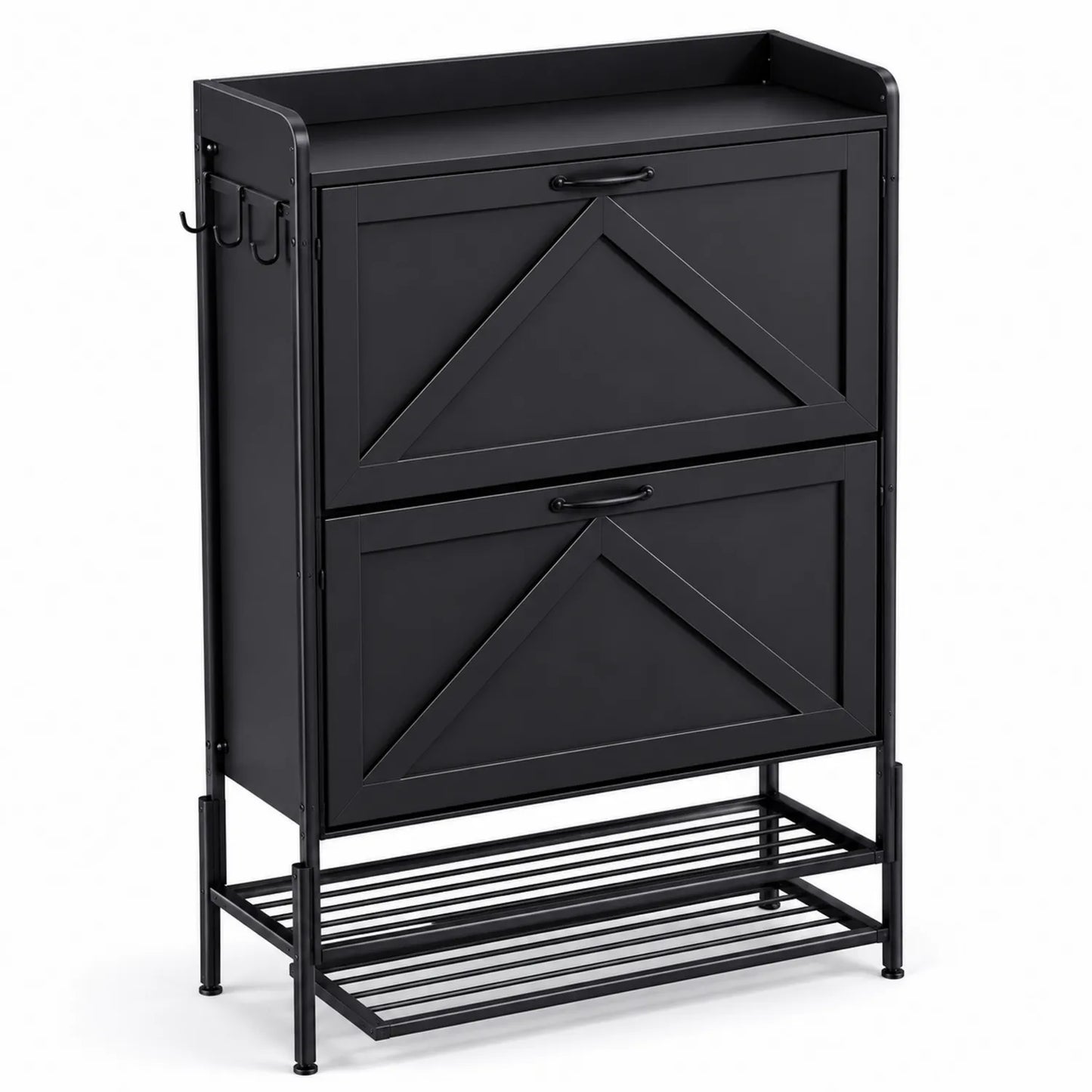 Schuhschrank Metall Schwarz mit 2 Klappen und Regal