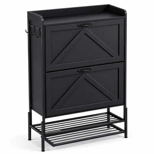 Schuhschrank Metall Schwarz mit 2 Klappen und Regal