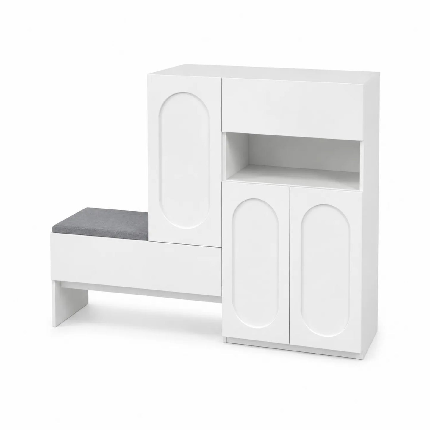 Weiße MDF-Schuhbank mit Stauraum und Stoffpolster