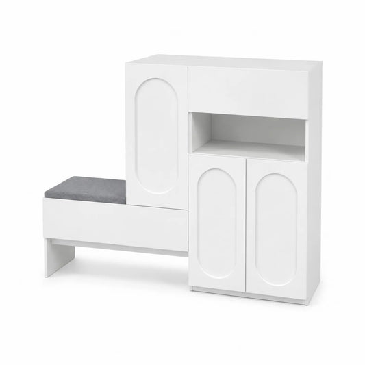 Weiße MDF-Schuhbank mit Stauraum und Stoffpolster