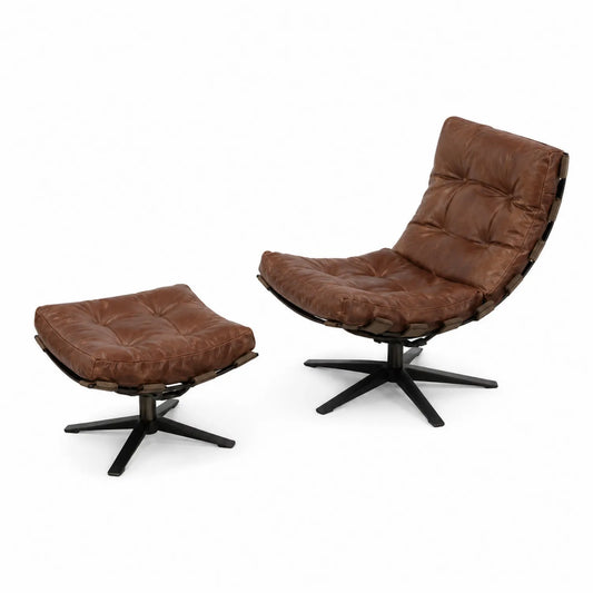 Drehstuhlset mit Hocker Metallgestell Braun Leder
